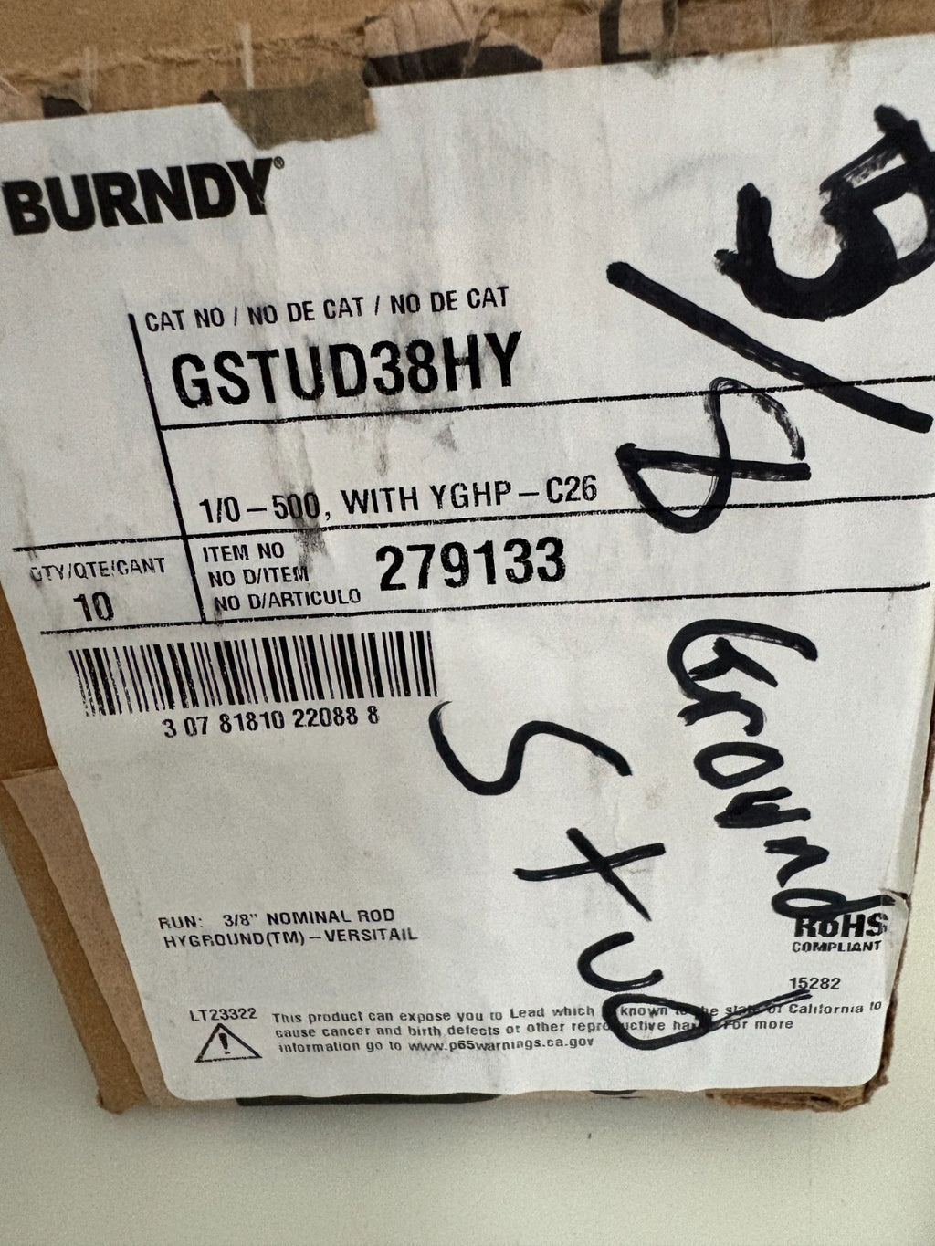 BURNDY 1/0-500 WITH YGHP-C26 STUD #GSTUD38HY 10 IN BOX2