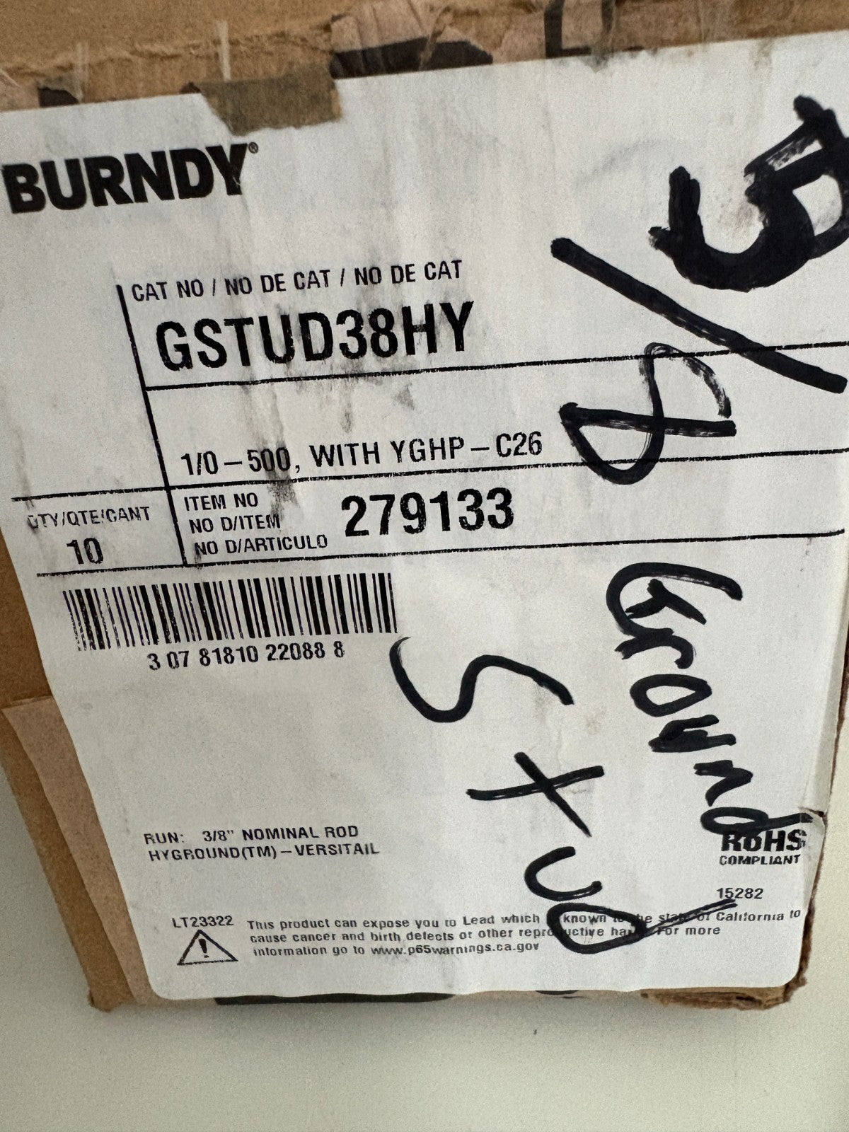 BURNDY 1/0-500 WITH YGHP-C26 STUD #GSTUD38HY 10 IN BOX2