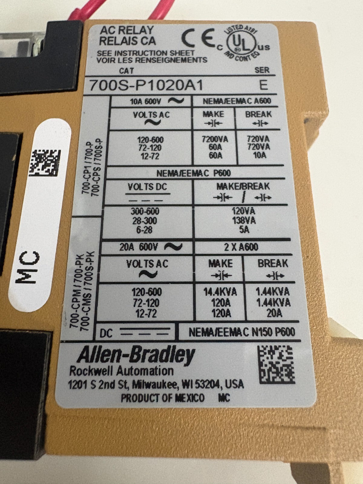ALLEN BRADLEY SAFETY CONTROL RELAY 700S-P1020 A1 SER E