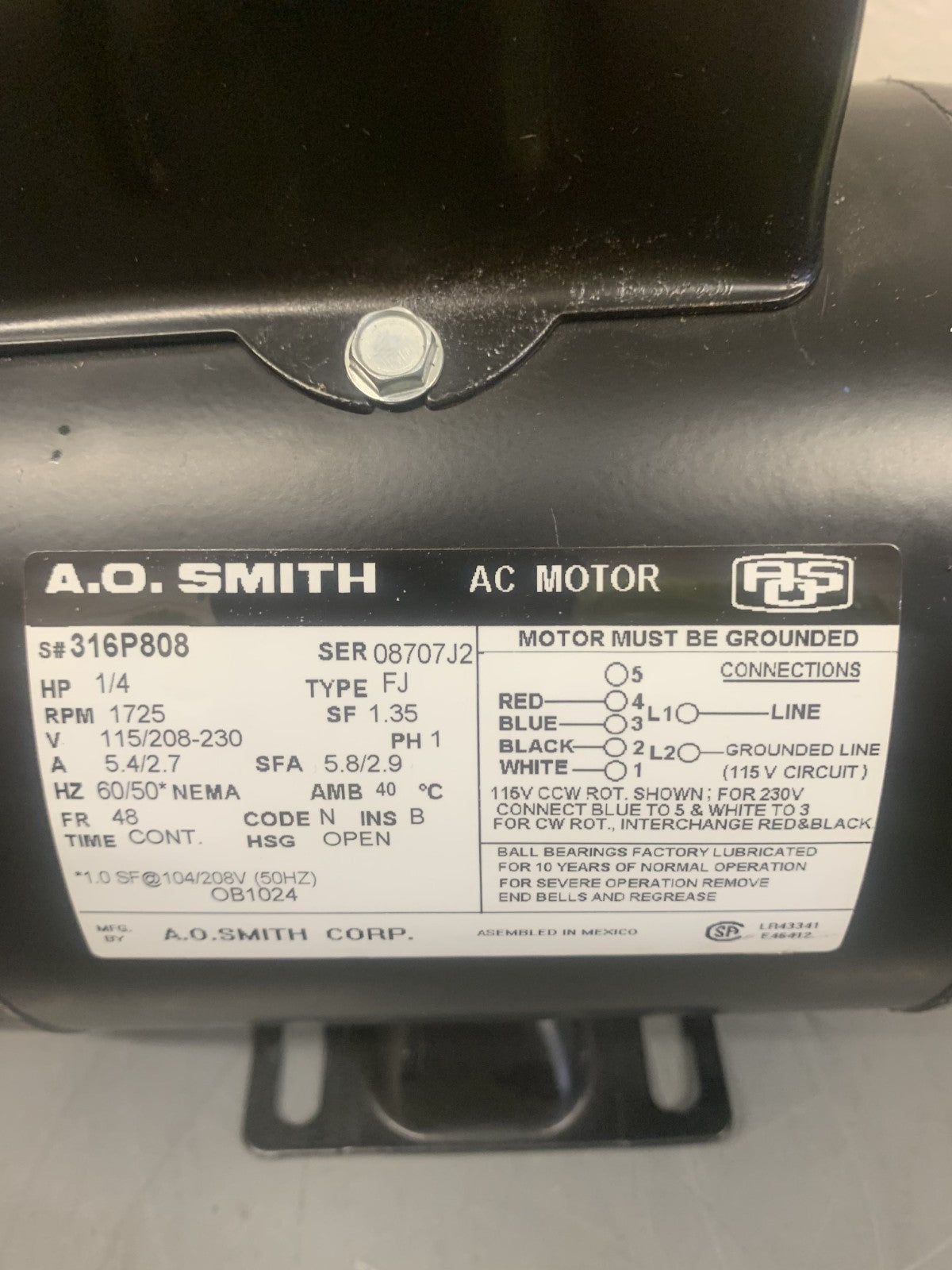 AO SMITH 1/4 HP AC MOTOR 316P808 TYPE FS1