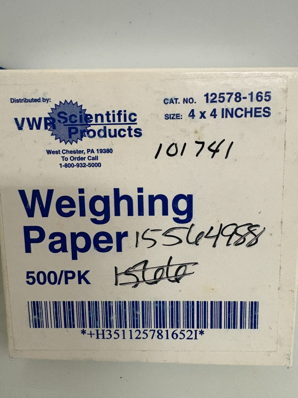 VWR SCIENTIFIC PRODUCTS 4X4 WEIGHING PAPER #12578-165  BOX OF 500
