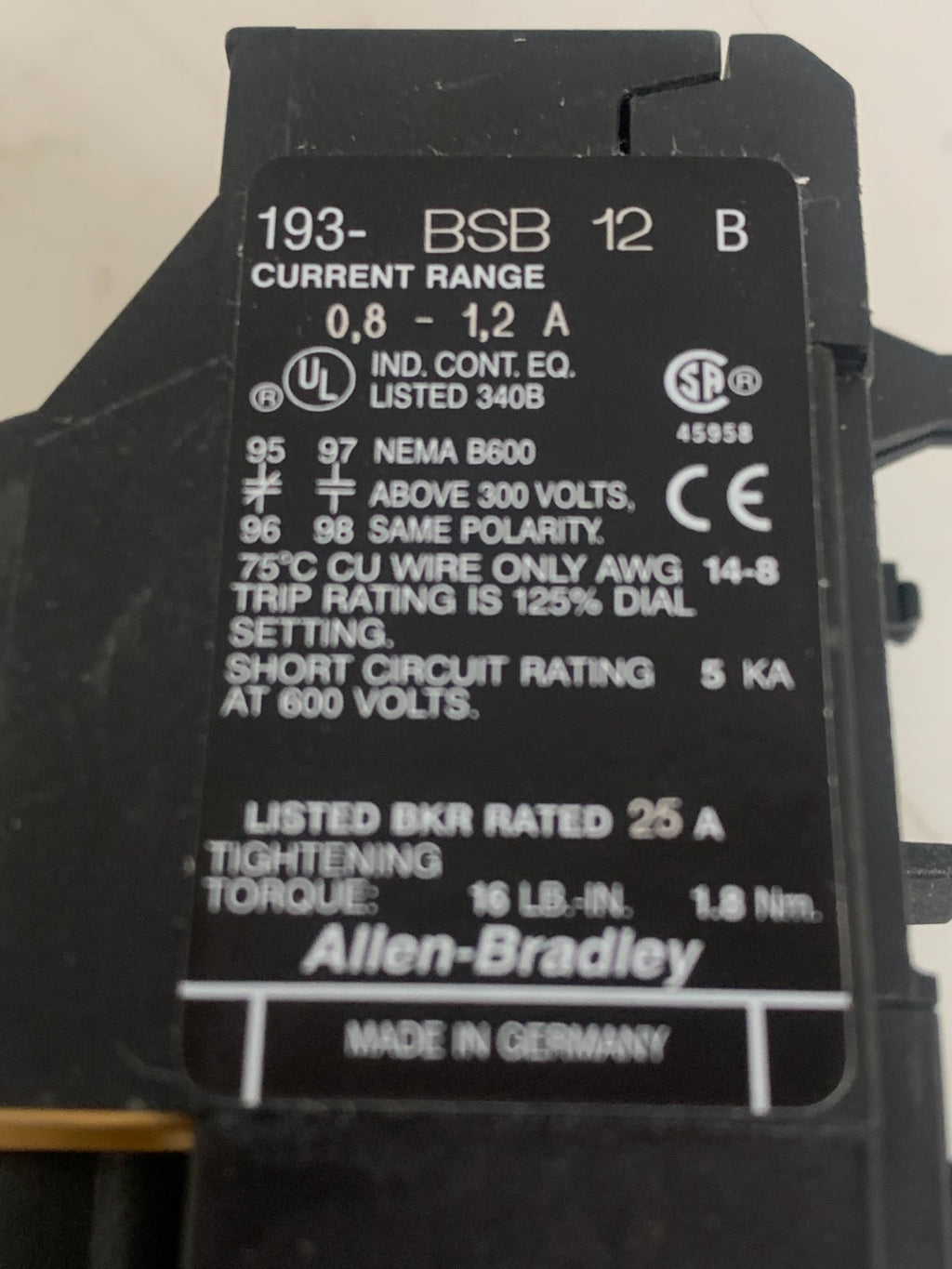 ALLEN BRADLEY OVERLOAD RELAY 193-BSB12 B