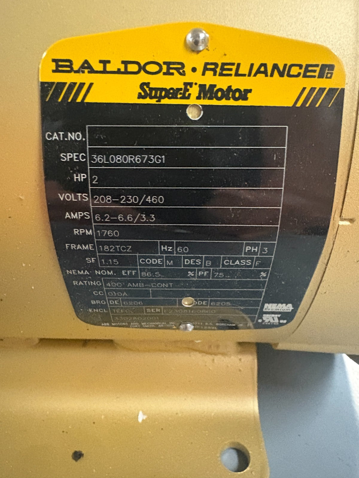 BALDOR RELIANCER SUPER E MOTOR 2HP MOTOR 36L080R673G11