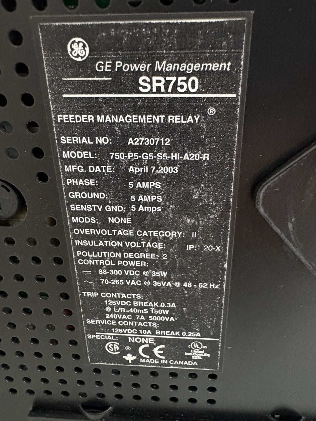 GENERAL ELECTRIC SR 750 FEEDER MANAGEMENT RELAY 750-P5-G5-S5-HI-A20-R2