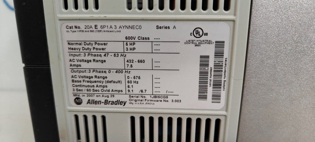 ALLEN BRADLEY 6HP POWER FLEX 70 MOTOR DRIVE 20A E 6P1A 3 AYNNECO SER A4
