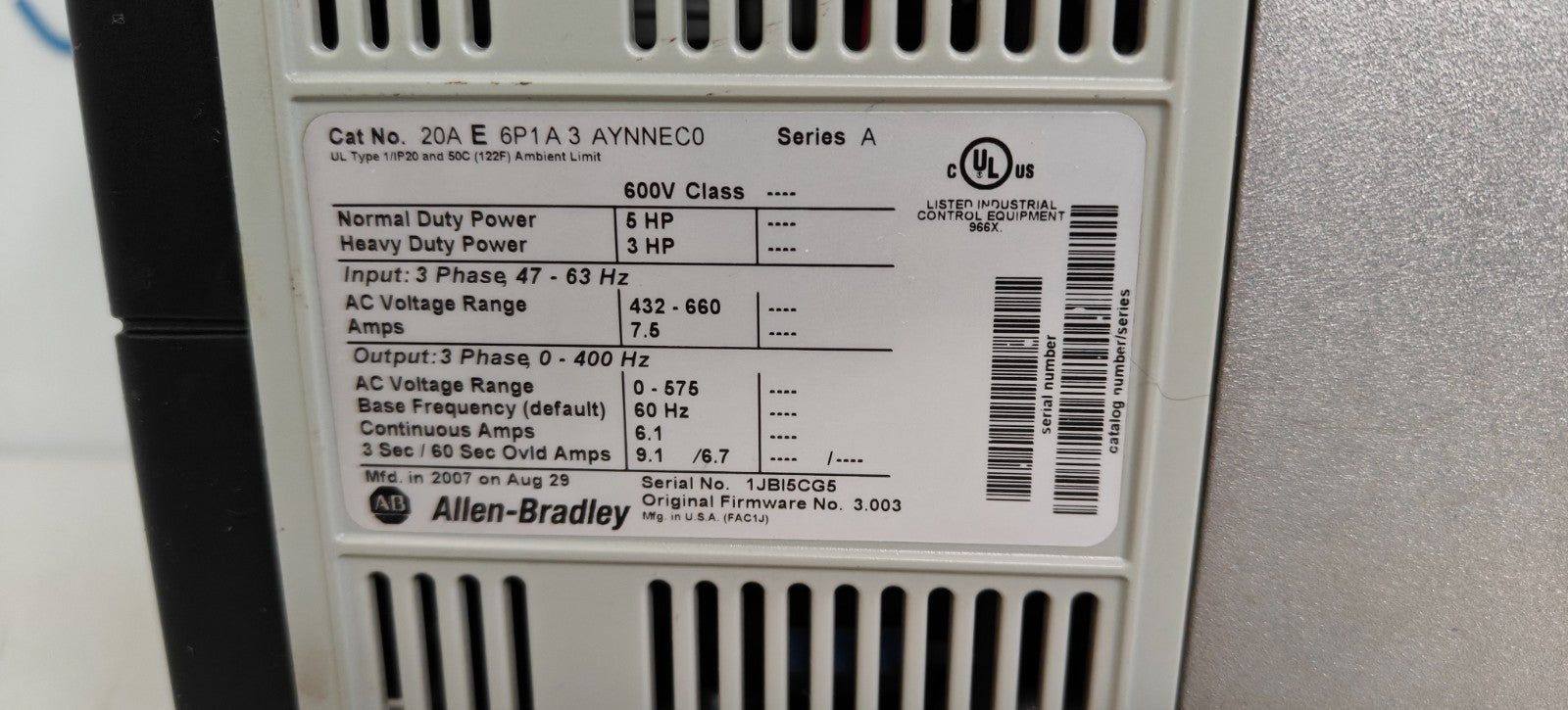 ALLEN BRADLEY 6HP POWER FLEX 70 MOTOR DRIVE 20A E 6P1A 3 AYNNECO SER A4