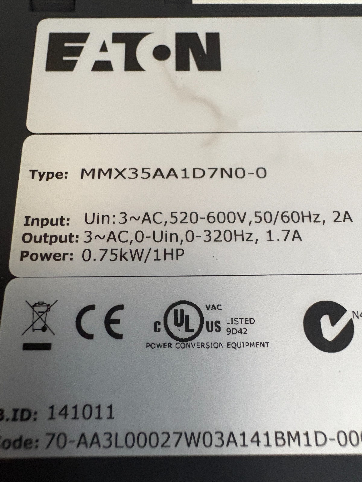 EATON M-MAX SENSORLESS VECTOR ADJUSTABLE FREQUENCY DRIVE MMX35AA1D7N0-0