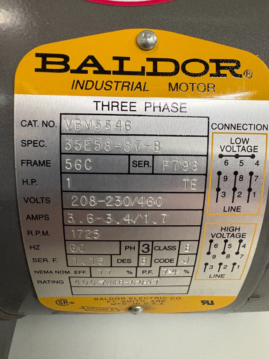 BALDOR 3 PHASE 1HP MOTOR 1725 RPM VBM 5546 SPEC 35E58-87-B2