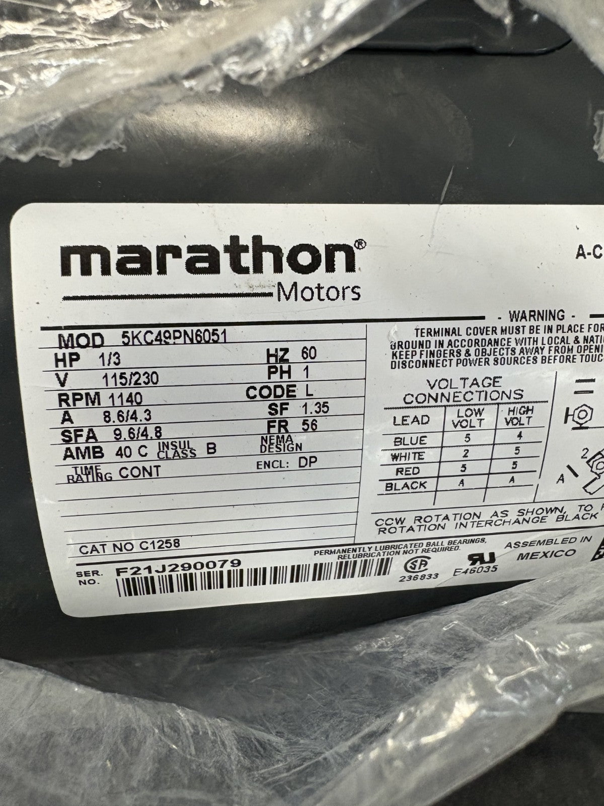 MARATHON 1/3 HP GENERAL PURPOSE MOTOR 5KC49PN60511