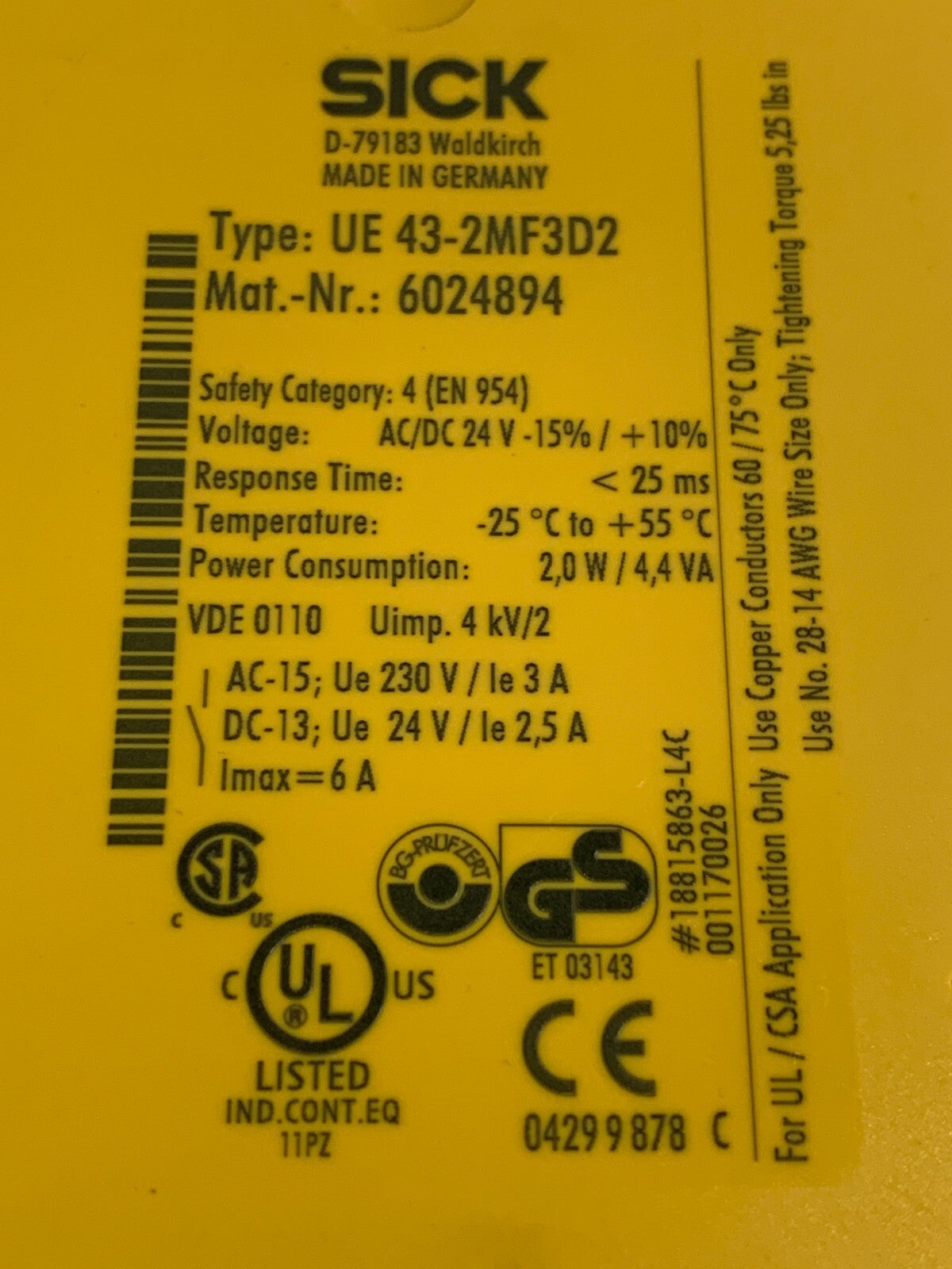 SICK INTELLIFACE SAFETY RELAY UE 43-2MF3D2
