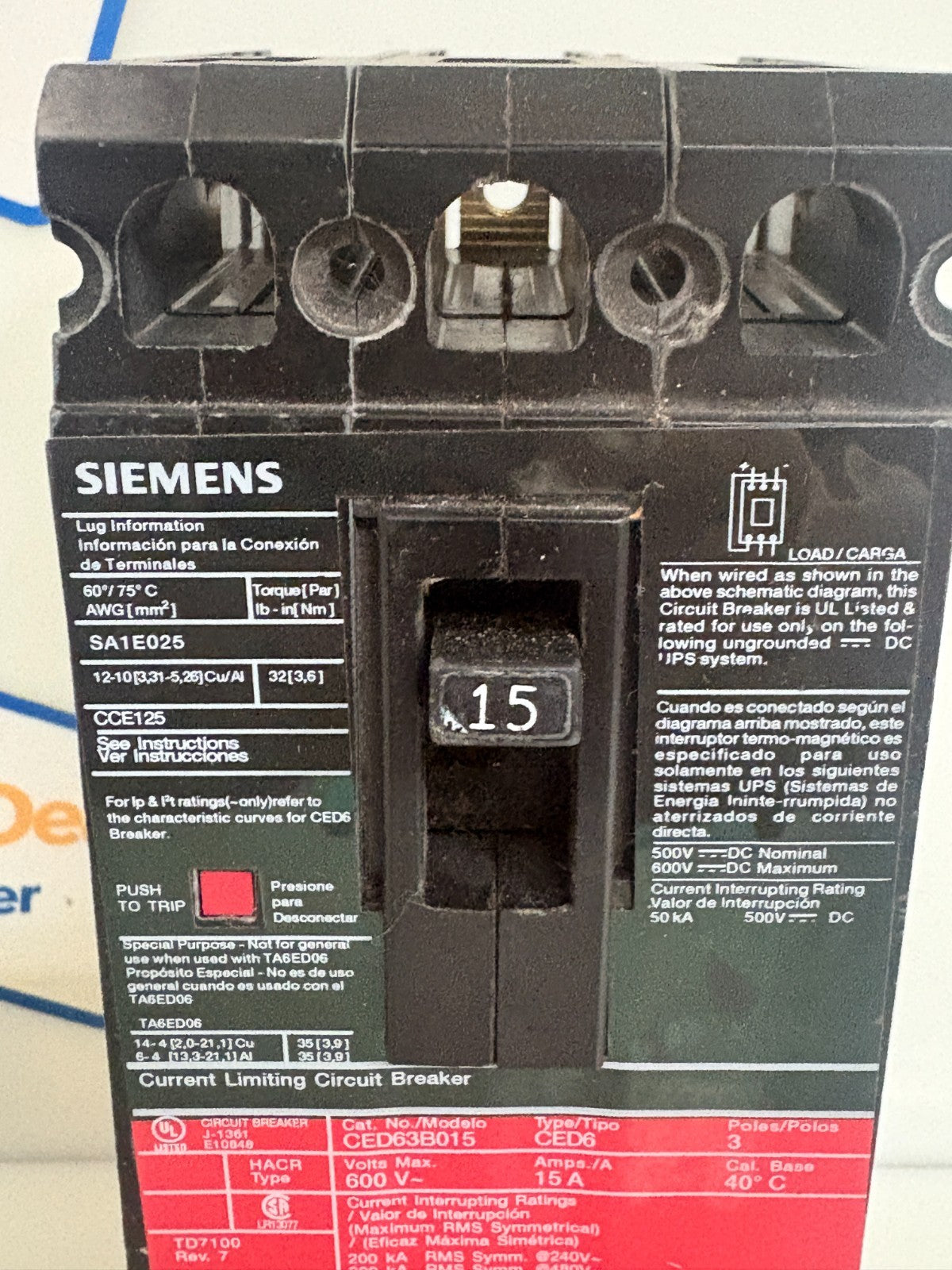 SIEMENS 15 AMP CIRCUIT BREAKER CED 63B015 1