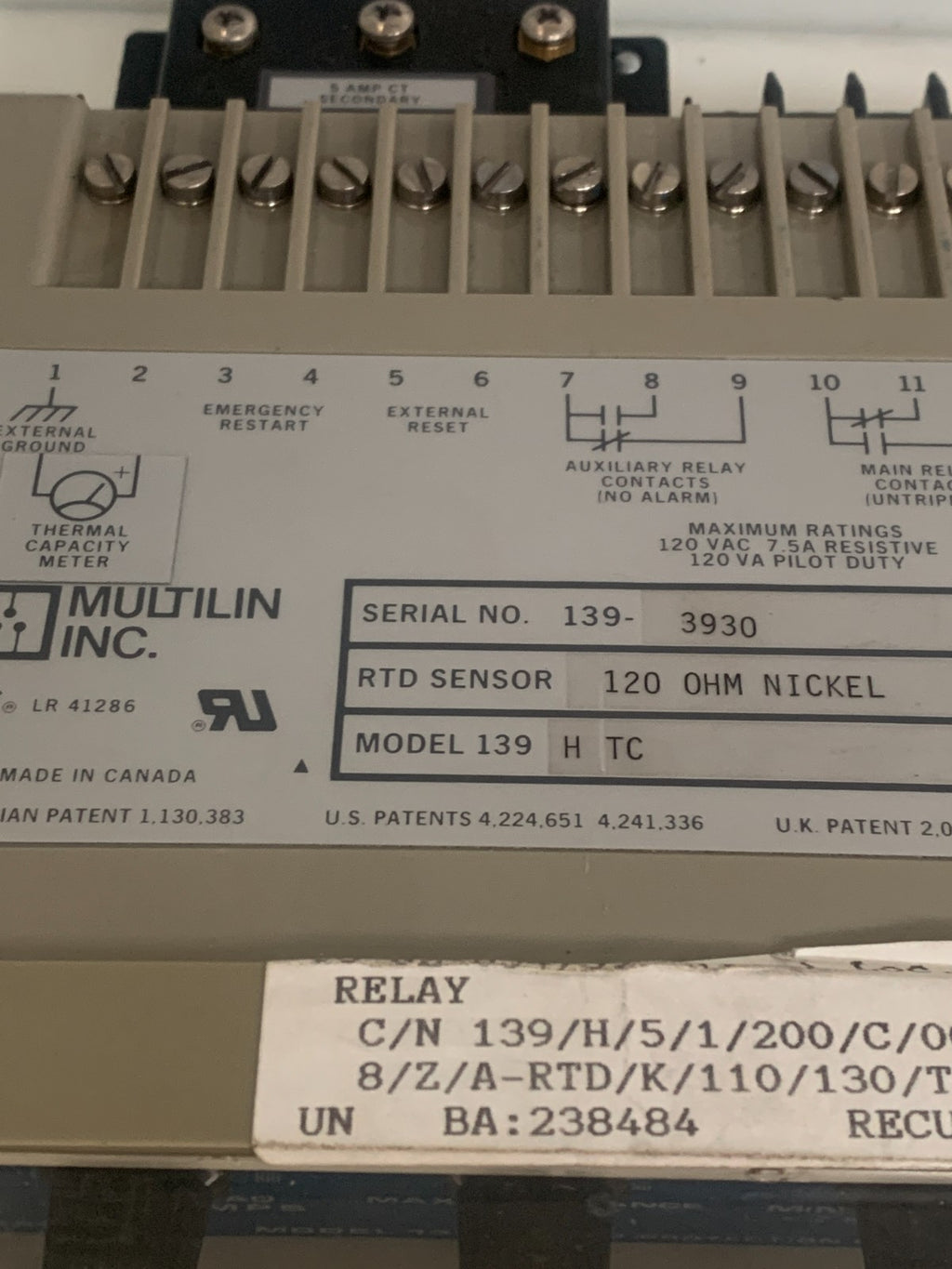 GE MULTILIN INC. MOTOR PROTECTION RELAY LR 41286 MODEL 139