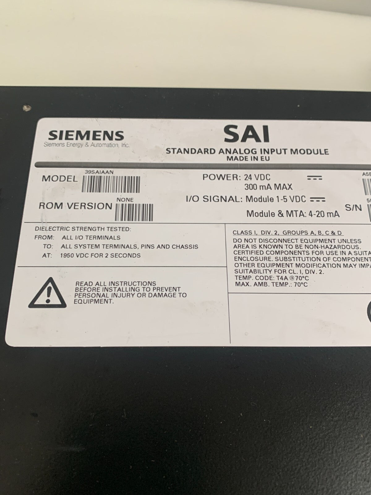 SIEMENS SAI STANDARD ANALOG UNIT MODULE 39 SAIAAN A5E 00247429/03