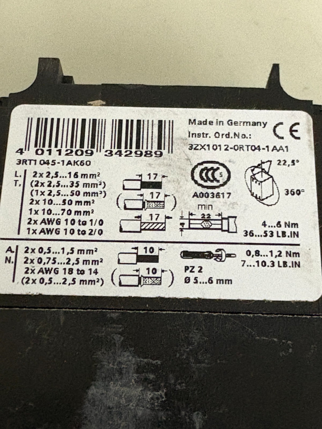 SIEMENS CONTACTOR 3RT1045-1AK60