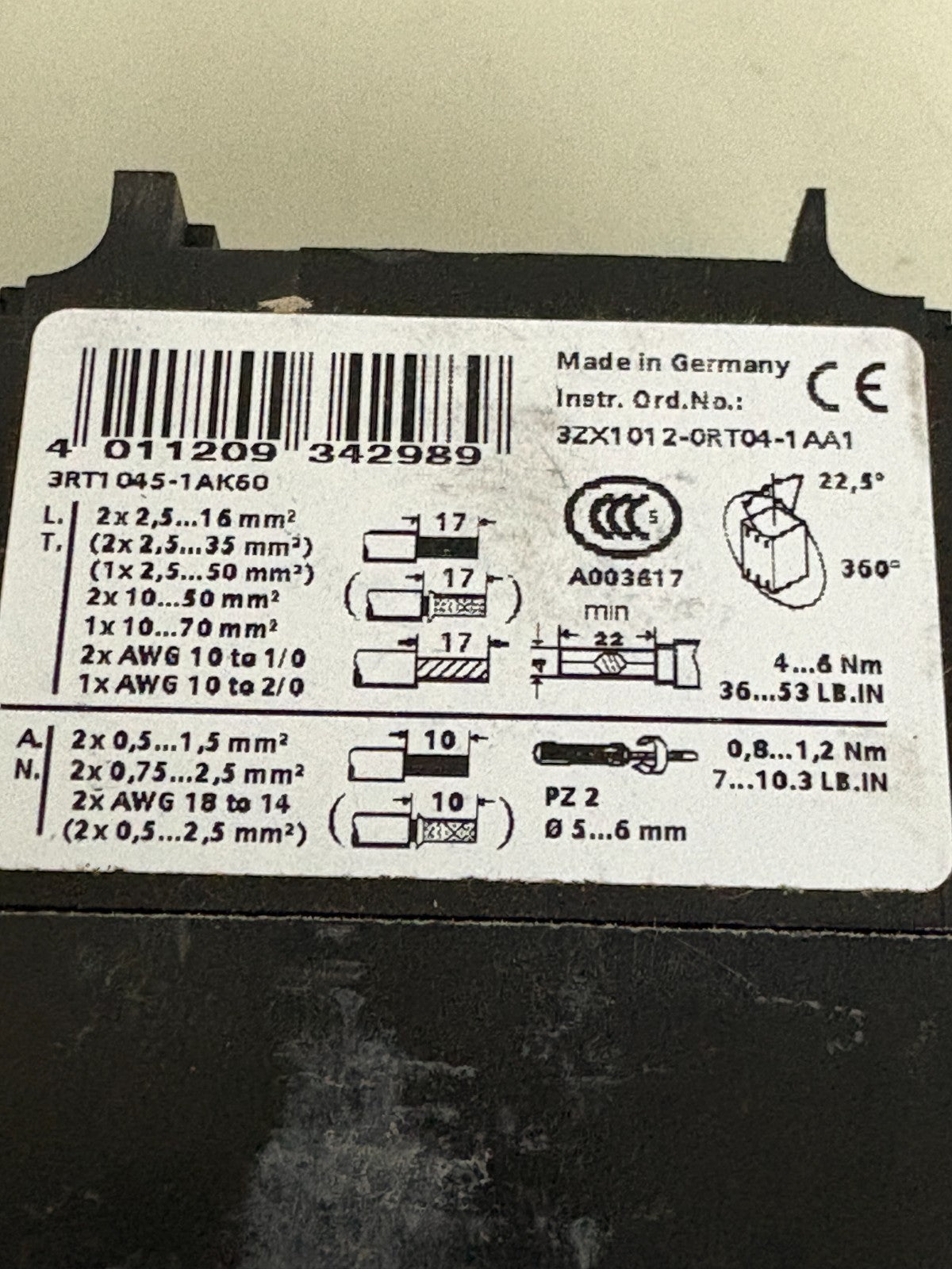SIEMENS CONTACTOR 3RT1045-1AK60