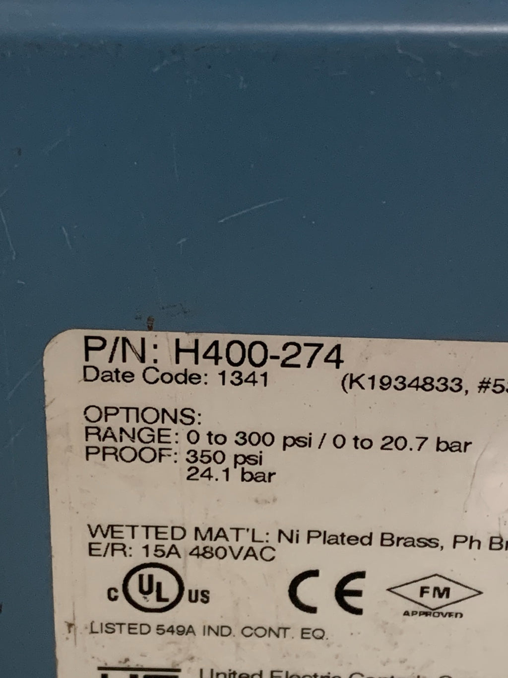 UNITED ELECTRIC CONTROLS PRESSURE GAUGE H 400-274