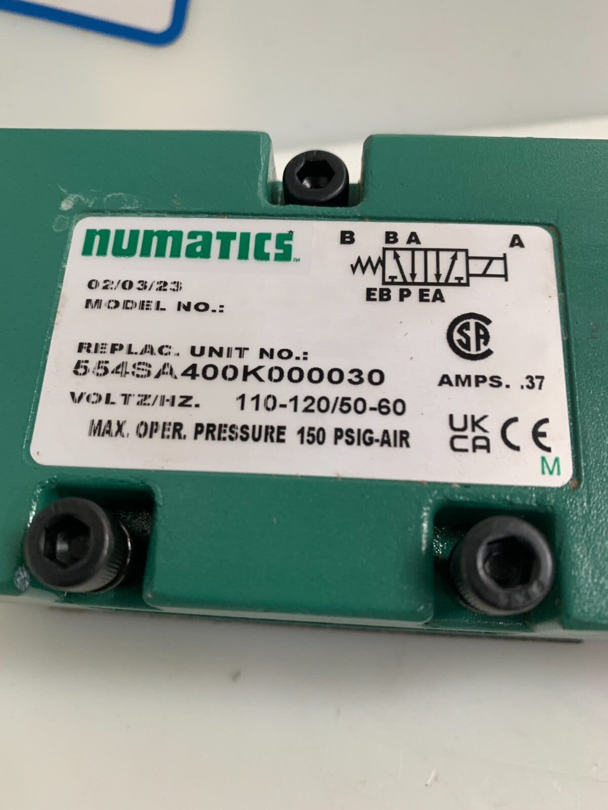 ASCO NUMATICS PNEUMATIC SOLENOID VALVE 150 PSI 554 SA 400K0000301