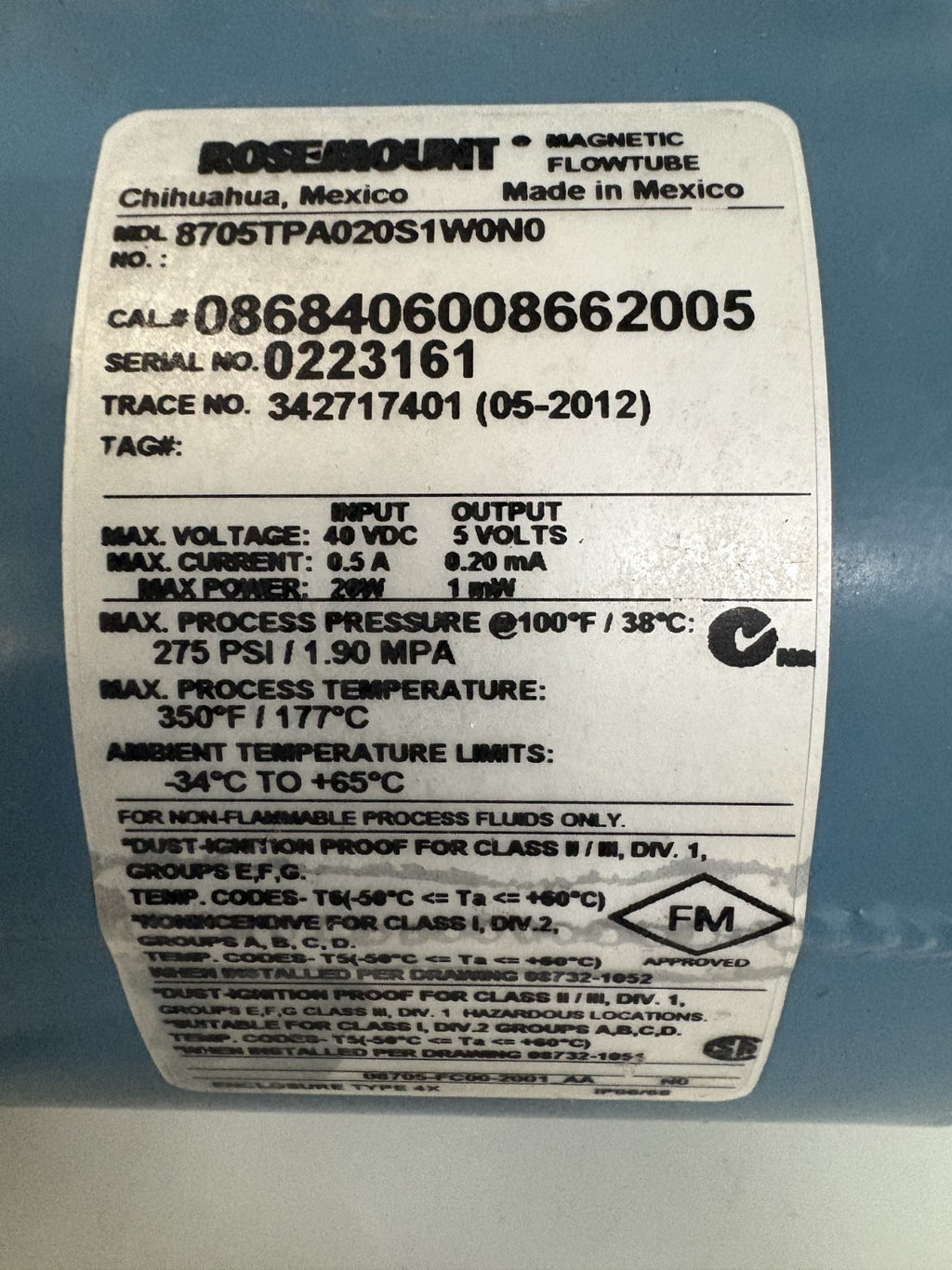 ROSEMOUNT MAGNETIC FLOWTUBE 8705TPA020S1 W0N02