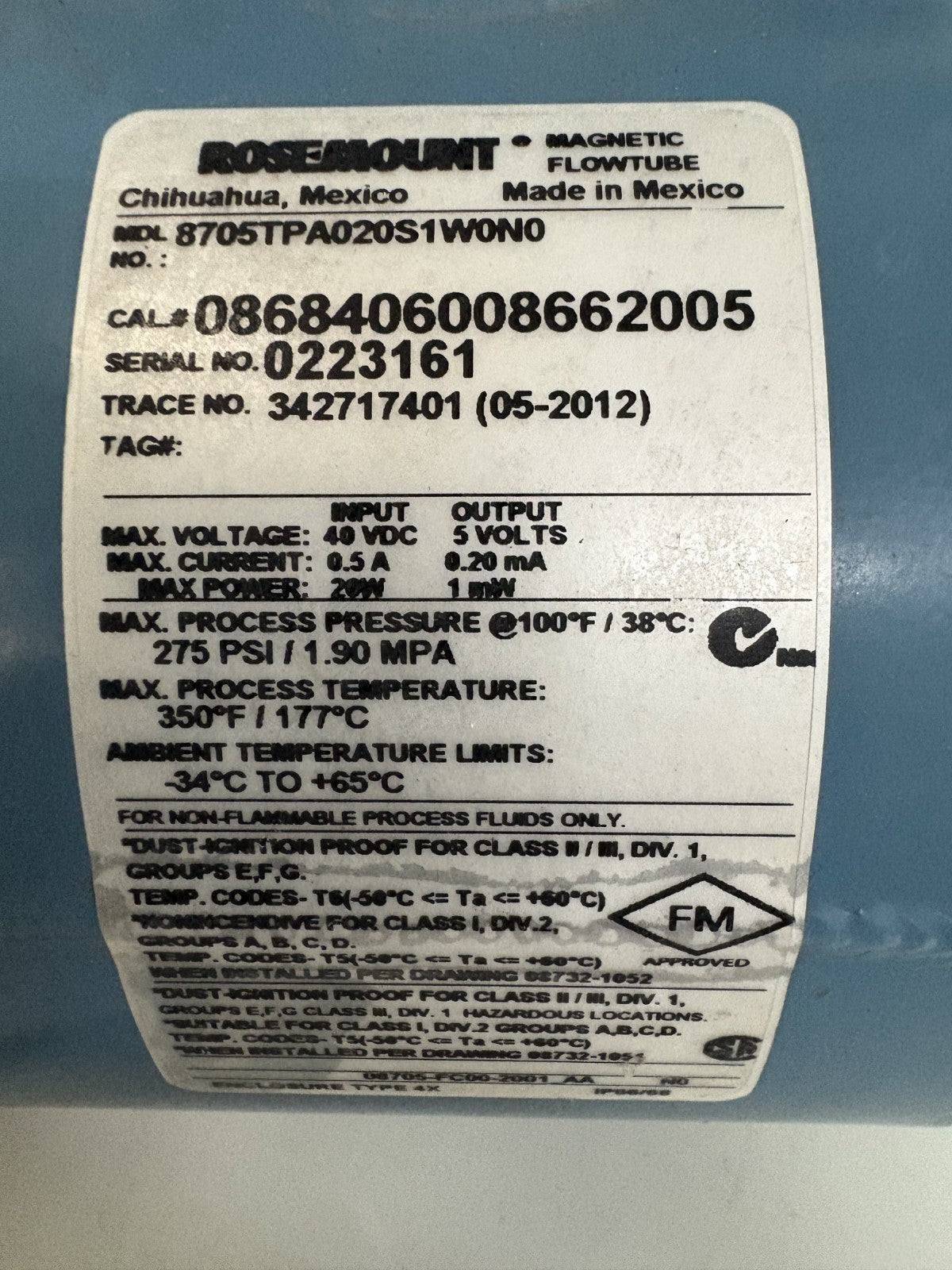 ROSEMOUNT MAGNETIC FLOWTUBE 8705TPA020S1 W0N02