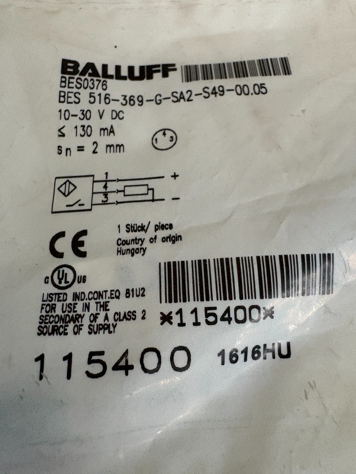 BALLUFF PROXIMITY SWITCH 2MM TRUMPF 0135588 BES 516-369-G-SA2-S49-00.052