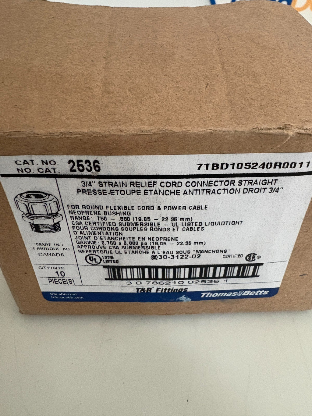 ABB THOMAS & BETTS 3/4 STRAIN RELIEF CORD STRAIGHT CONNECTOR 2