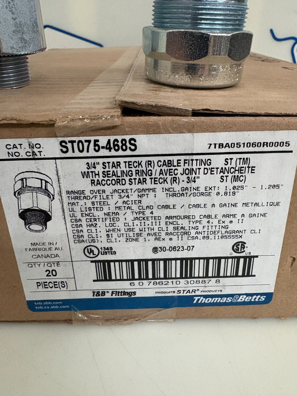 THOMAS & BETTS 3/4 STARTECK CABLE FITTING W/SEALING RING ST075-468S3